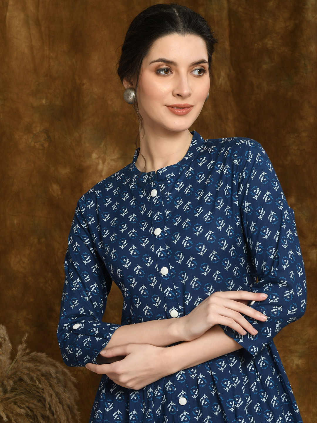 VIDHANI Floral Printed Mandarin Collar Cotton A-Line Ethnic Dress