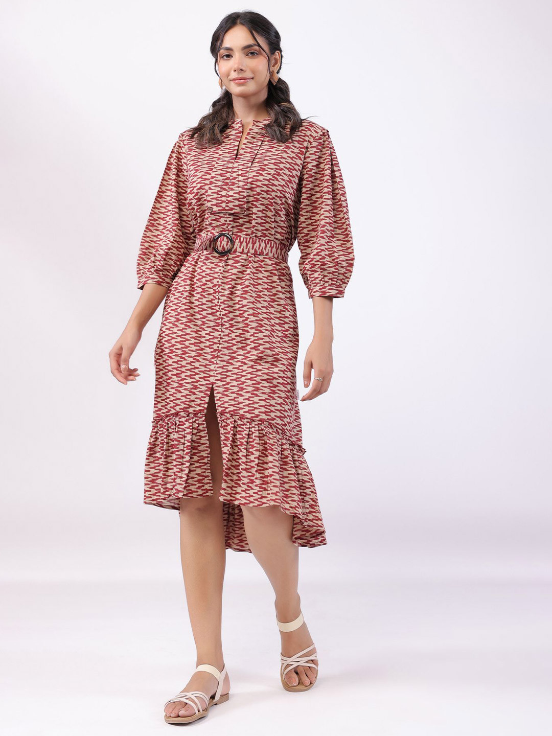 JISORA Floral Print Maroon Pure Cotton Puff Sleeve A-Line Dress