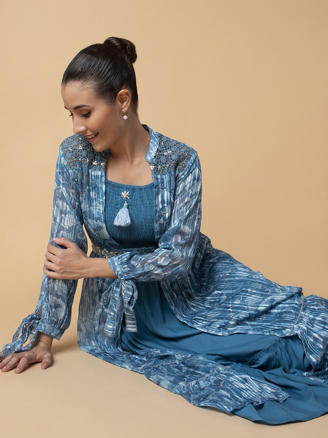 SHOWOFF Floral Printed Fit & Flare Midi Dress with Shrug and Belt