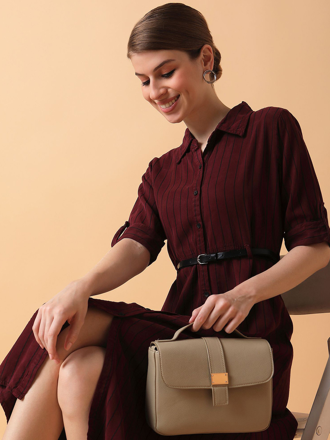 SHOWOFF Roll-Up Sleeves Shirt Collar A-Line Dress