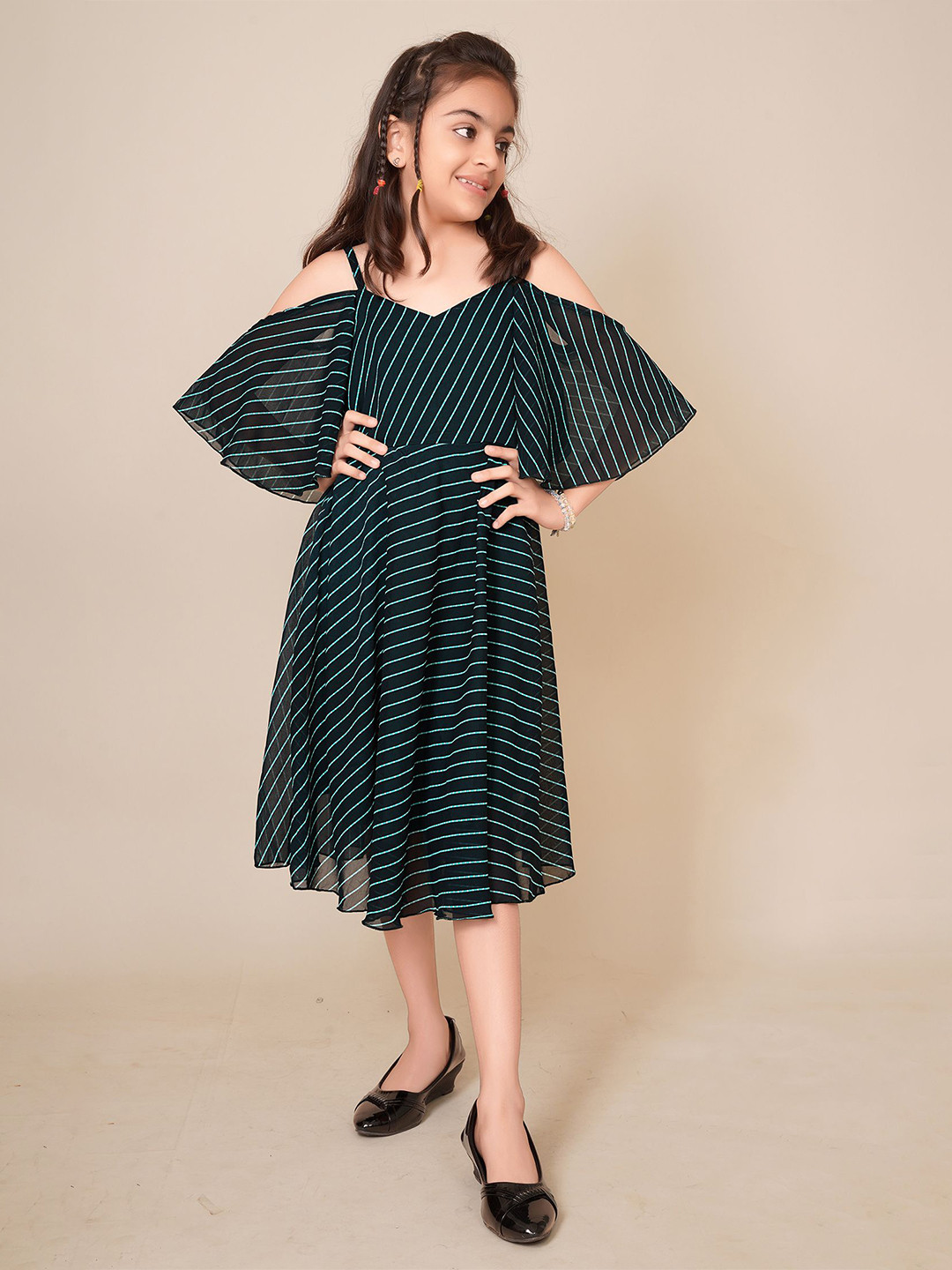 Kedar Fab Girls Striped Cold-Shoulder Sleeves Fit & Flare Midi Dress