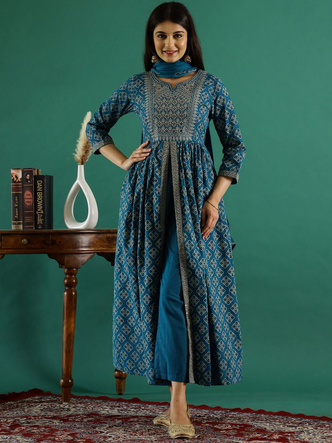 Sangria Floral Printed Notched Neck Anarkali Pure Cotton Kurta With Trouser & Dupatta