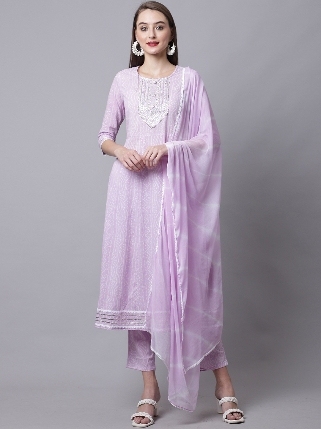 KALINI Women Bandhani Yoke Design Regular Mirror Work Pure Cotton Kurti with Trousers & With Dupatta