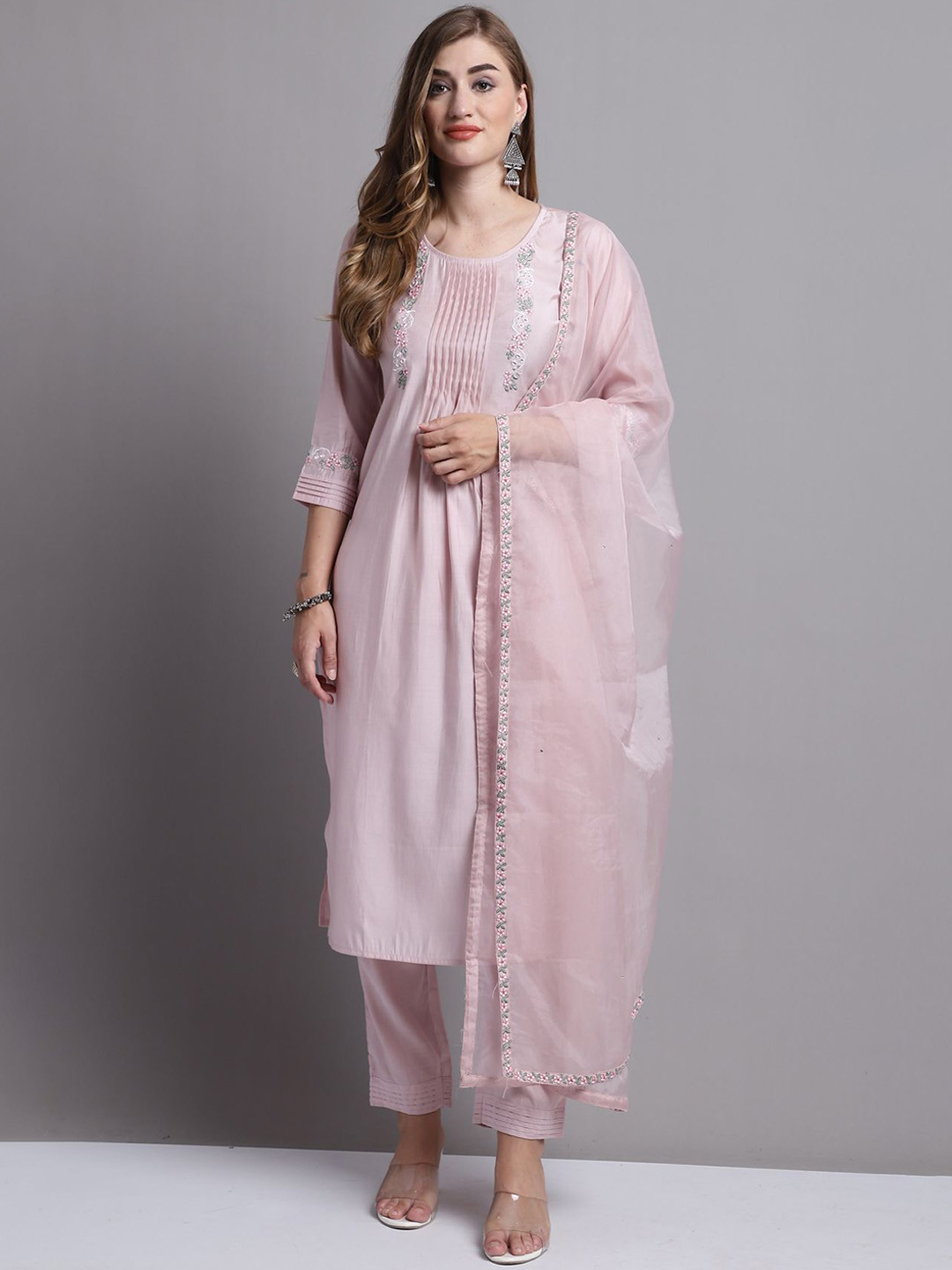 KALINI Floral Yoke Design Mirror Work Pleated A-Line Kurta with Trousers & Dupatta