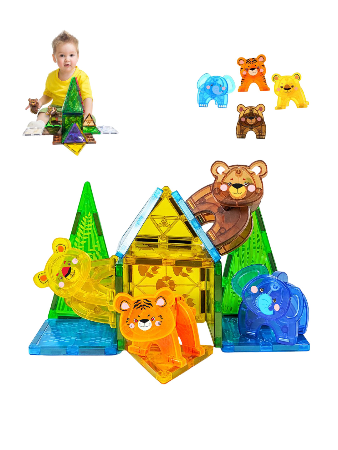 WEMBLEY 16 Pieces Magnetic Building Tiles Jungle Safari Construction 3 months plus
