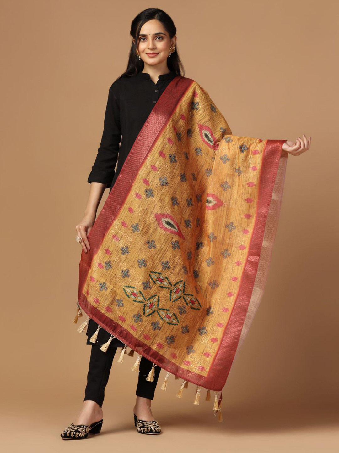 Kaizen TEXO FAB Floral Printed Ikat Tasselled Silk Dupatta with Thread Work