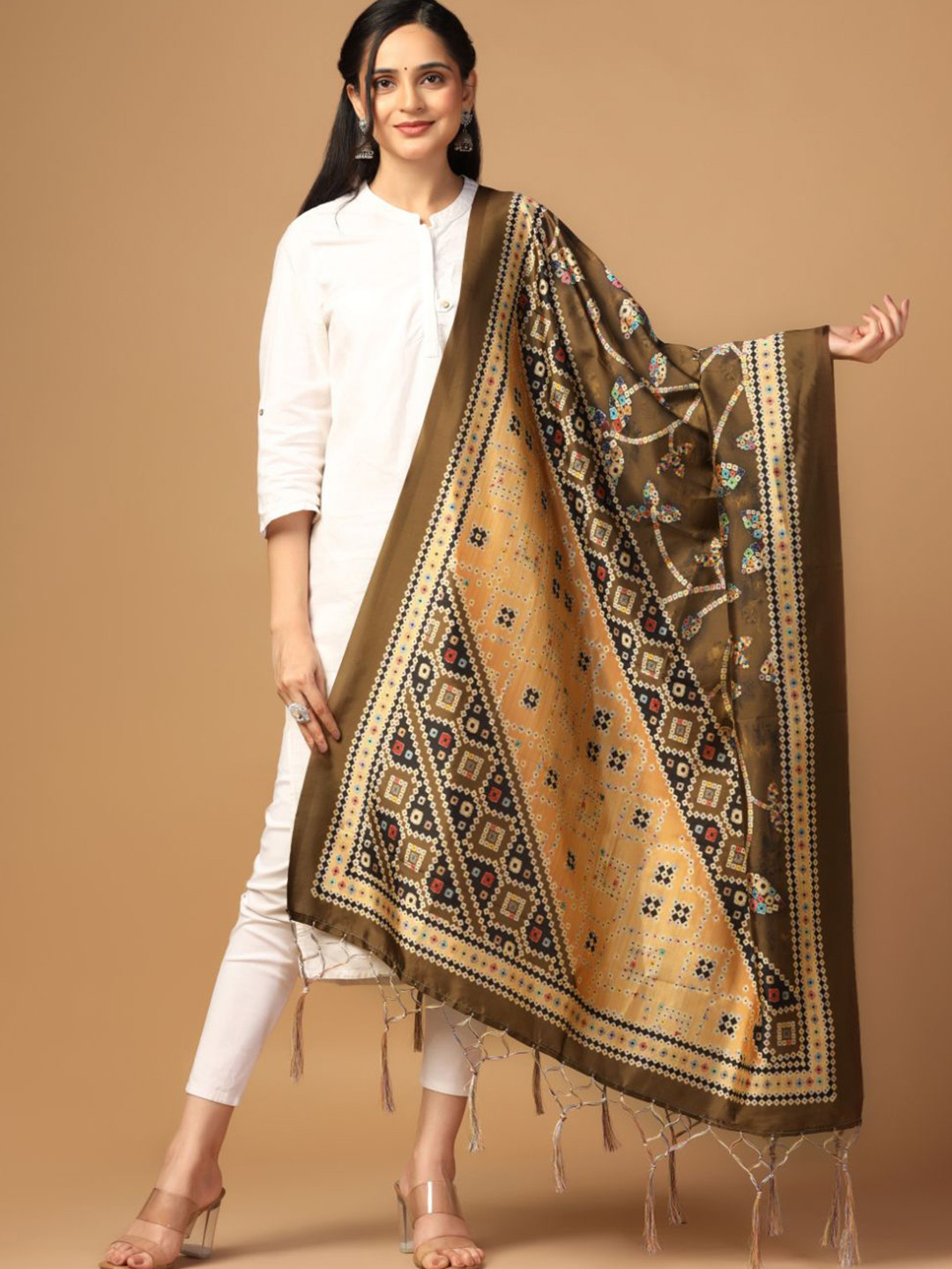 Kaizen TEXO FAB Printed Leheriya Tasselled Silk Dupatta with Thread Work