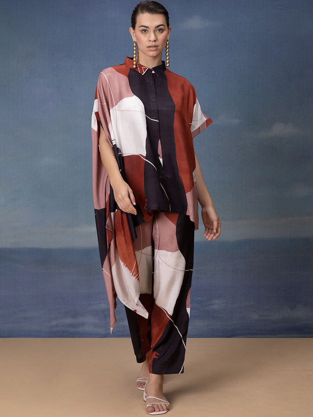 Bannos Swagger Maroon Printed Short Sleeve Tunic With Trouser