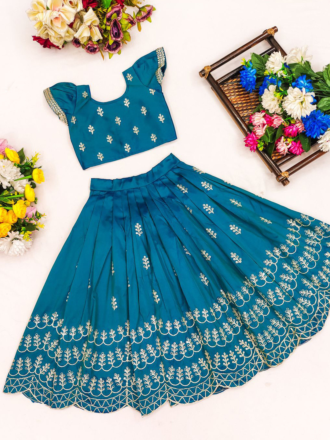 BAESD Girls Embroidered Sequinned Foil Print Ready to Wear Lehenga & Top