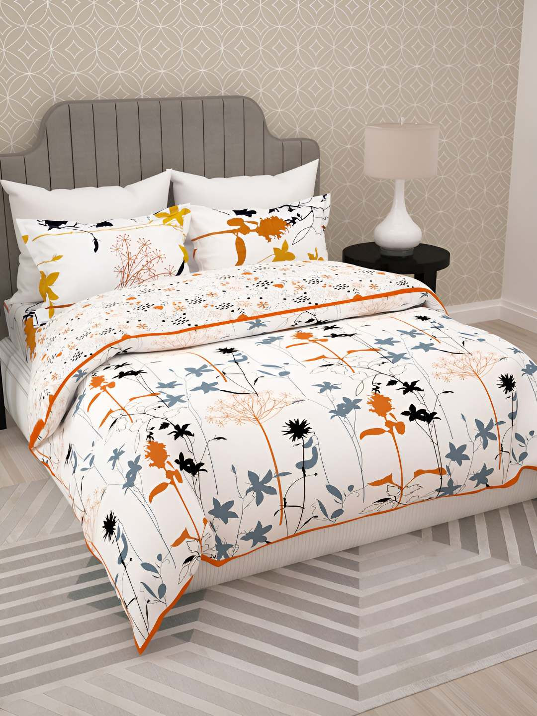 Story@home White & Orange 4 Pieces Floral Cotton Double Queen Fitted Bedding Set