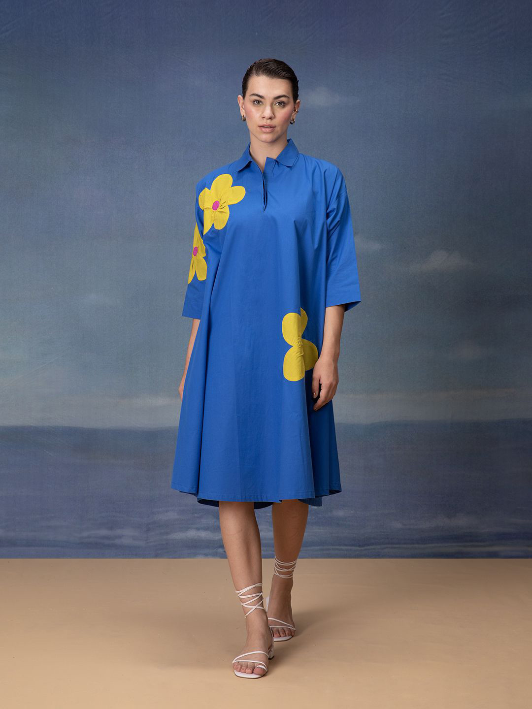 Bannos Swagger Shirt Collar Applique Cotton A-Line Midi Dress