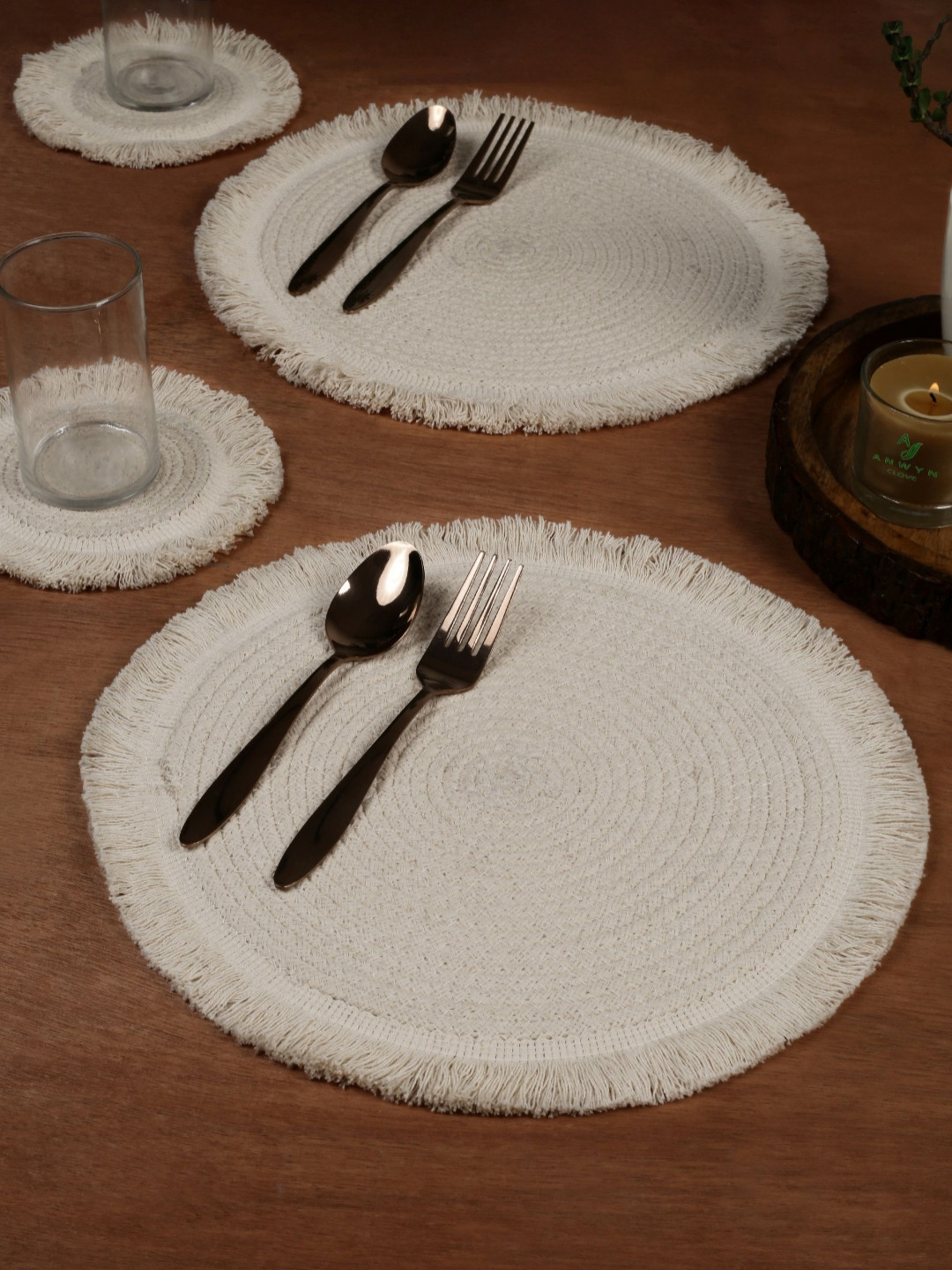 ANWYN Beige 6 Pieces Jute Cotton Round Table Placemats With Coasters