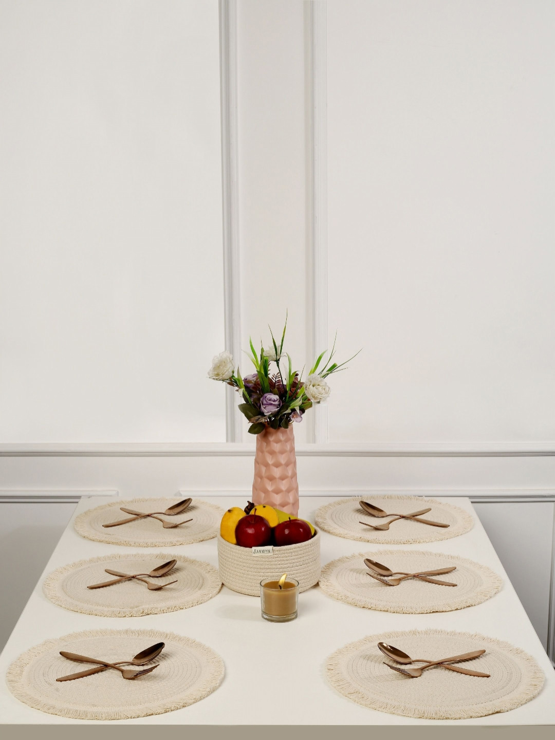 ANWYN Beige 6 Pieces Jute Cotton Round Table Placemats With Organizer