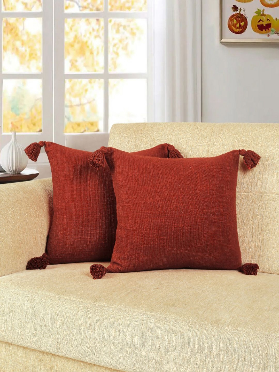 HOMADORN Rust 2 Pieces Textured Cotton Square Cushion Covers