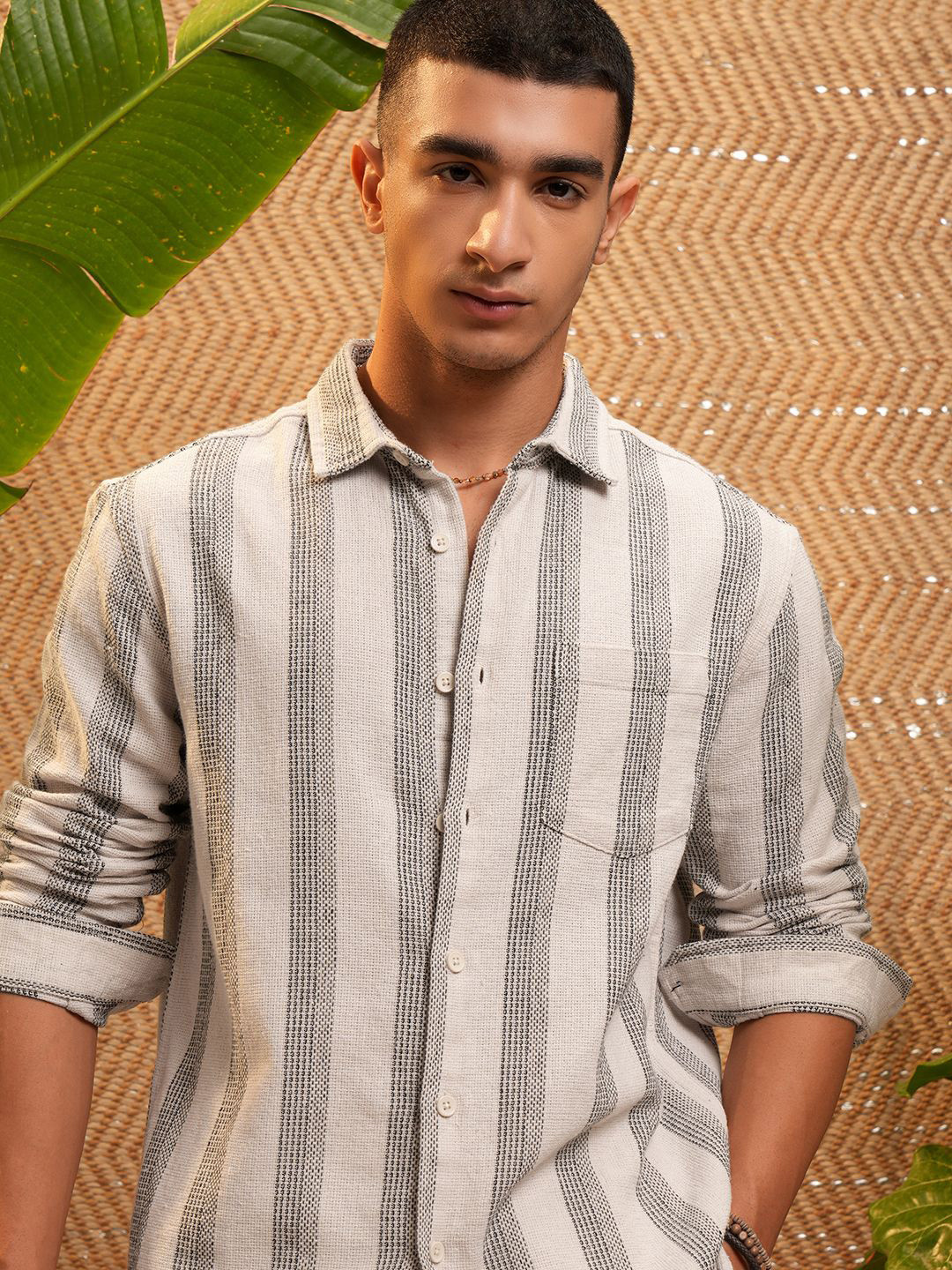 HIGHLANDER Men Cream Textured Dobby Checked Shirt