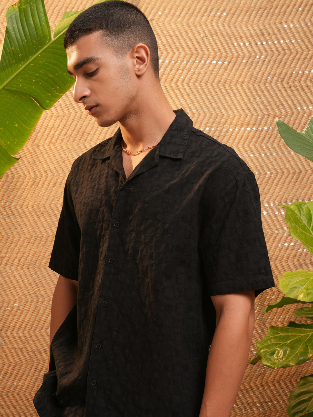 HIGHLANDER Men Special Yarn Dobby Textured Solid Cuban Collar Relaxed Shirt