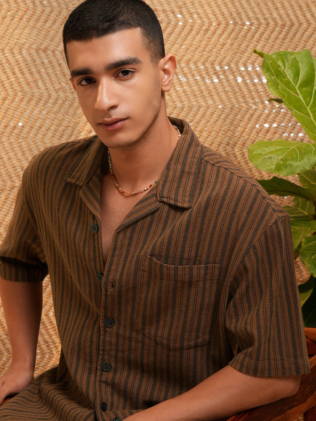 Brown Vertical Stripes Casual Shirt with Spread Collar