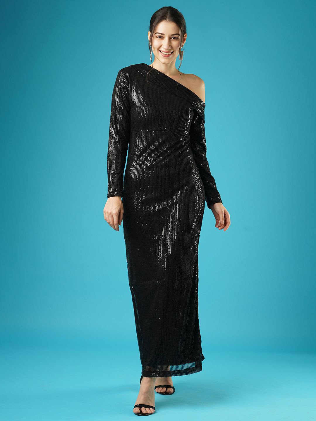 Globus Long Sleeves Sequinned Embellished Sheath Net Maxi Dress