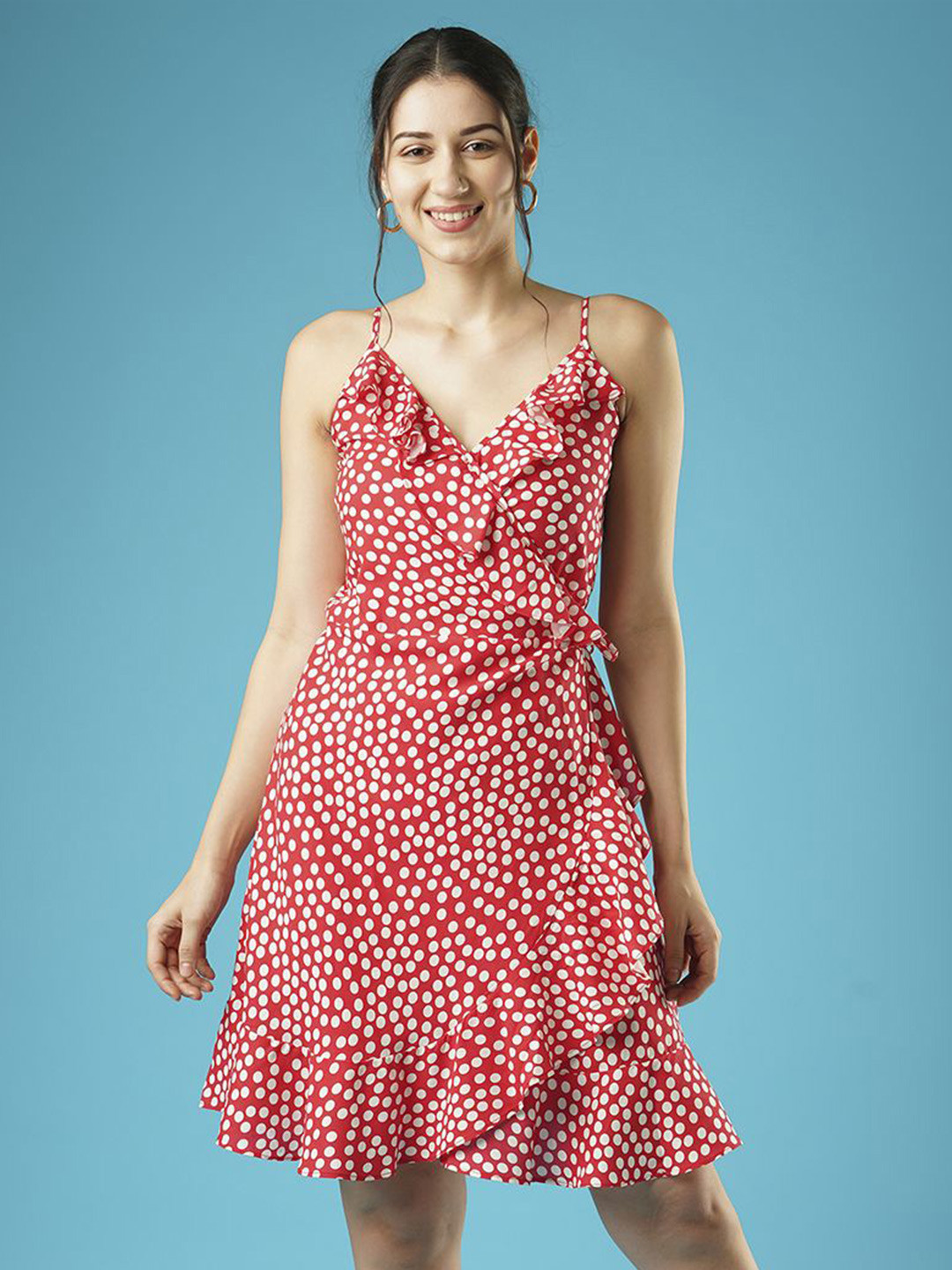 Globus Polka Dots Frilled Wrap-Neck Strappy Shoulder Waist Tie-Up Fit & Flare Dress