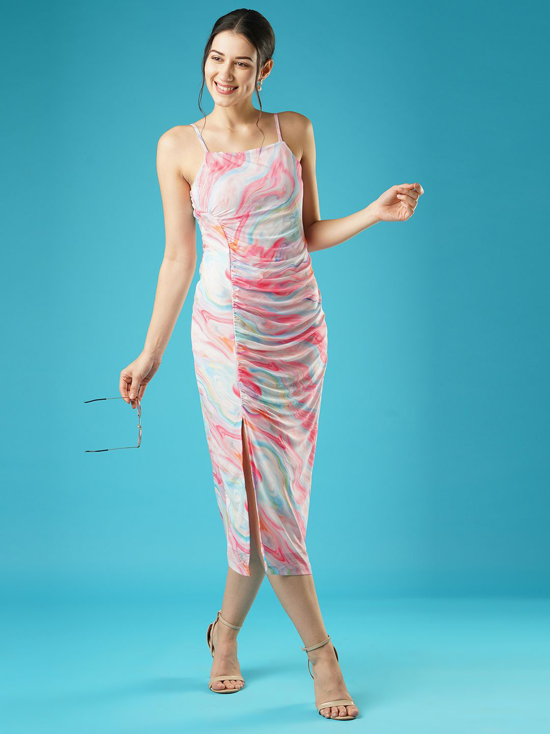 Globus Abstract Print Square Neck Strappy Shoulder Ruched Midi Bodycon Party Dress