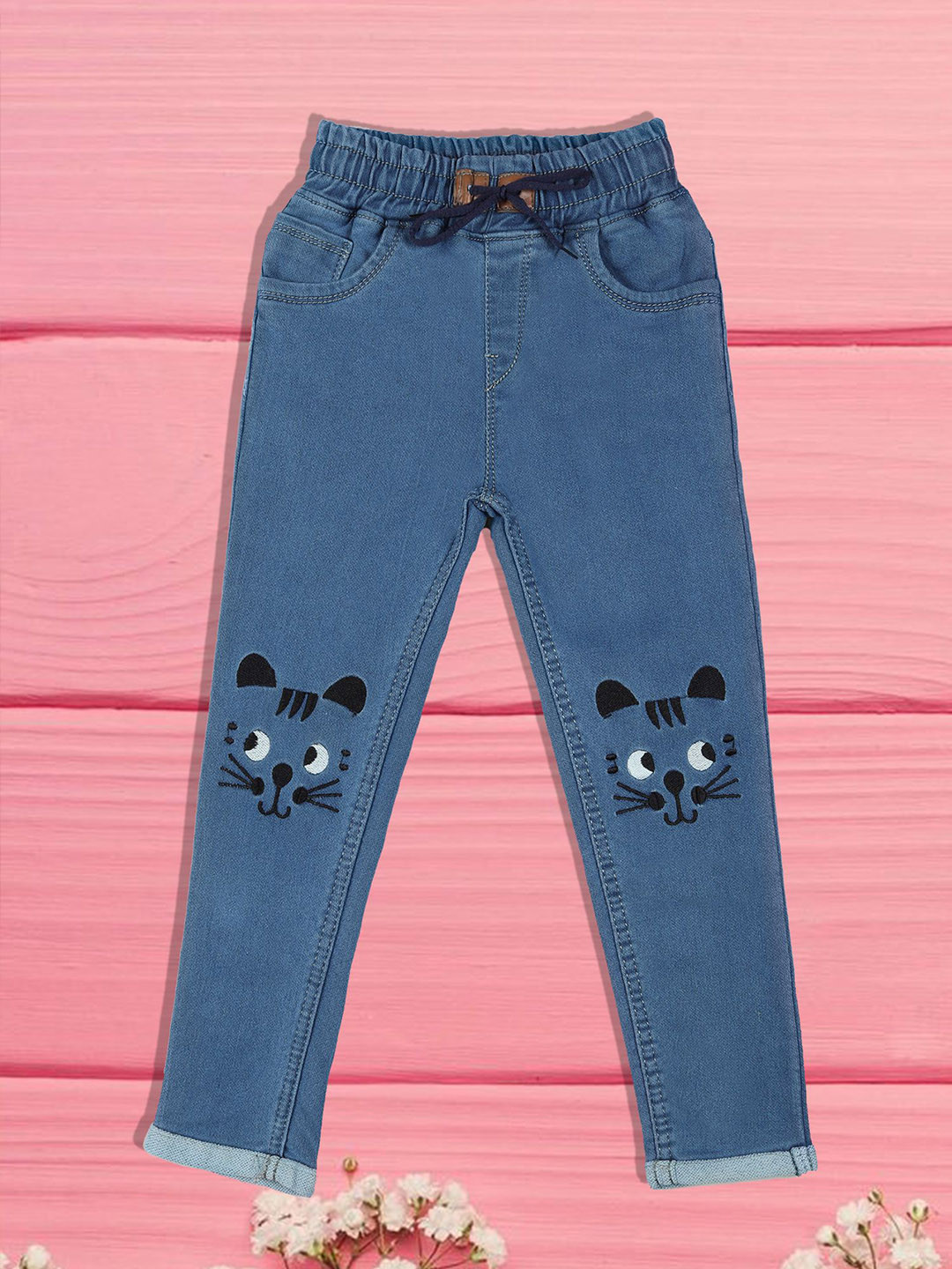A-Okay Girls Slim Fit High-Rise No Fade Embroidered Cotton Jeans
