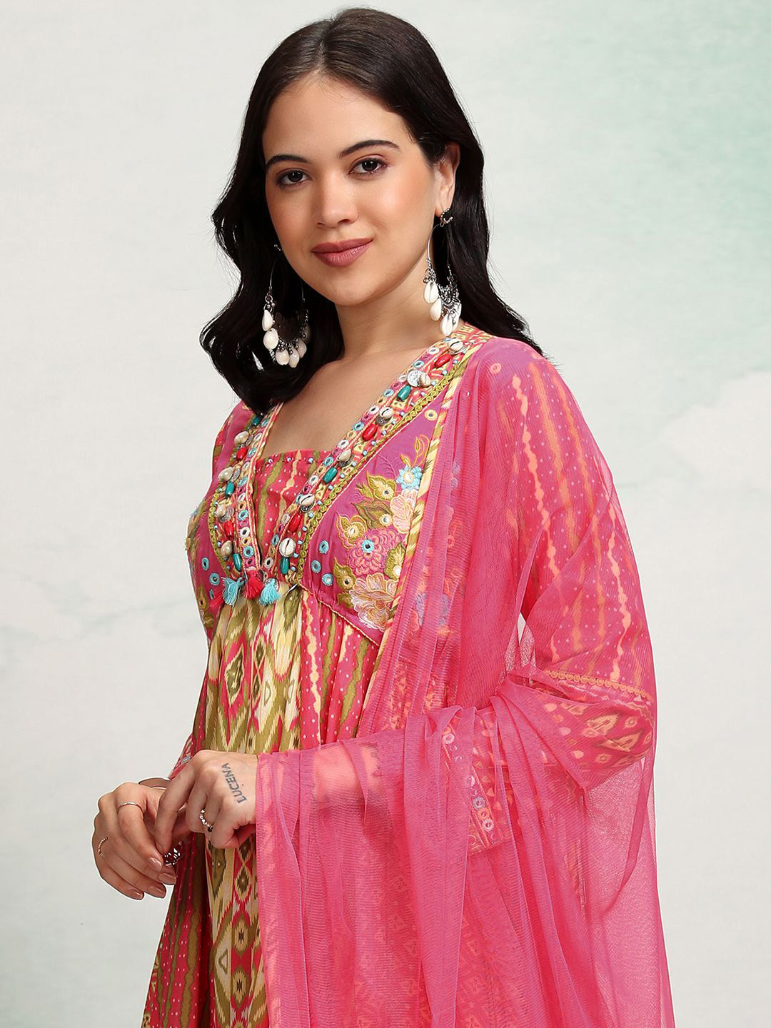 Vishudh Alia Cut Green & Pink Embroidered Pure Cotton Anarkali Kurta with Palazzos & With Dupatta