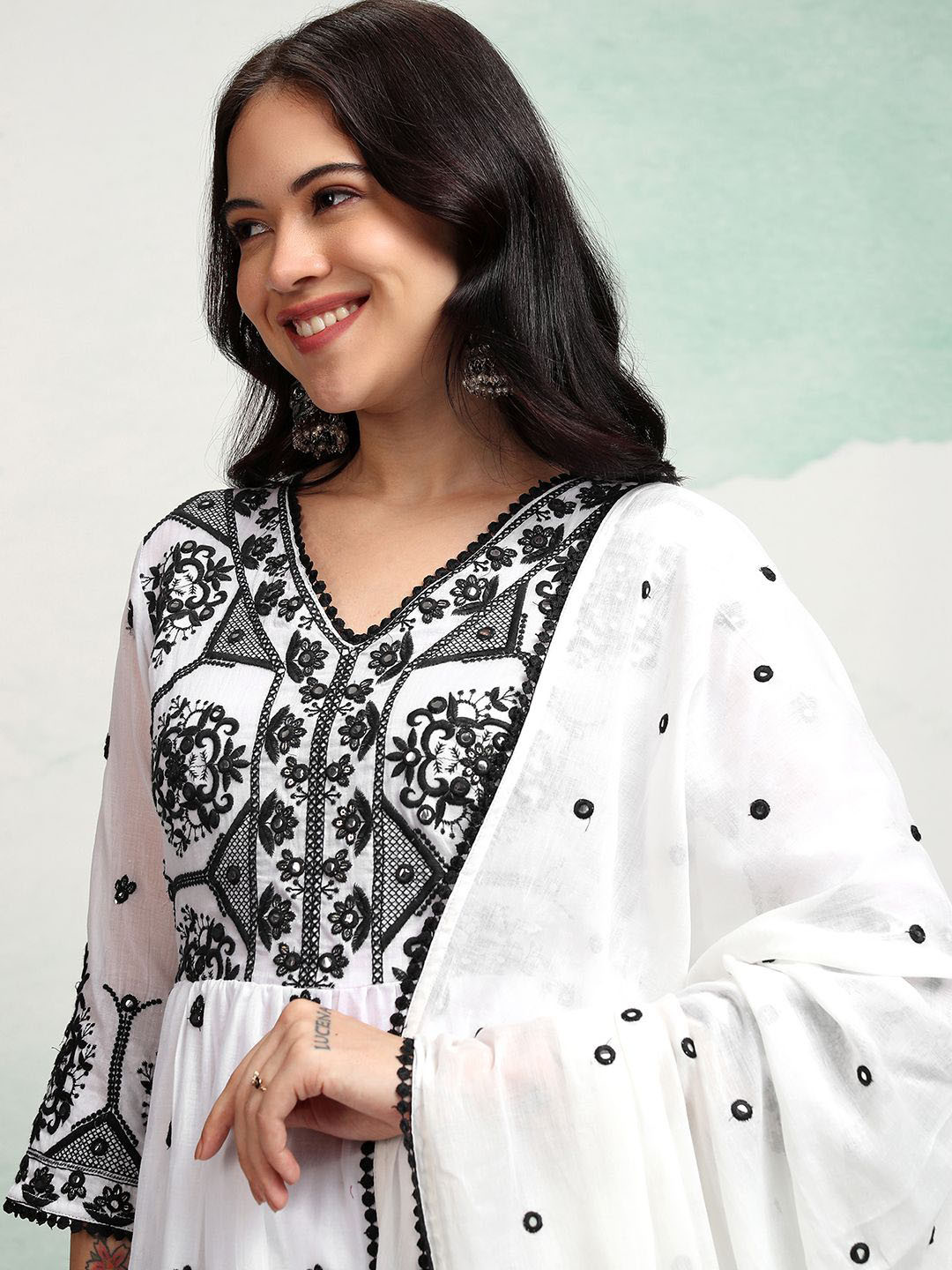 Vishudh White & Black Embroidered A Line Pure Cotton Kurta & Sharara With Dupatta