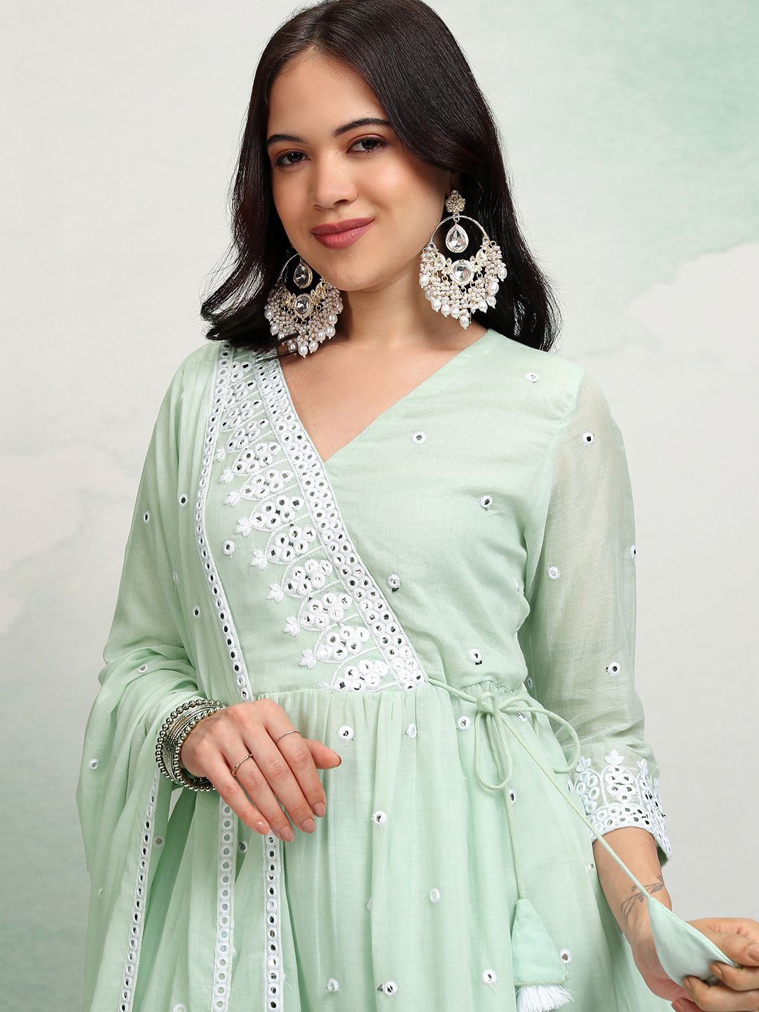 Vishudh Floral Embroidered Angrakha Mirror Work Pure Cotton A-Line Kurti Set