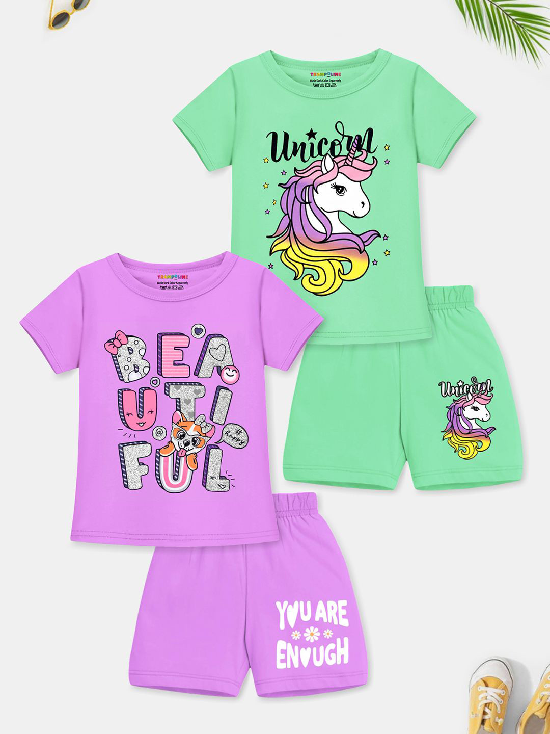 YK X Trampoline Girls Pack Of 2 Graphic Printed T-shirts With Shorts