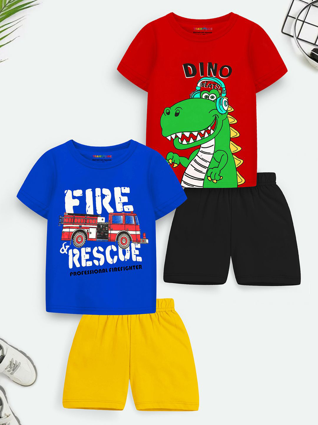 YK X Trampoline Kids Pack Of 2 Typography Printed T-shirts With Shorts