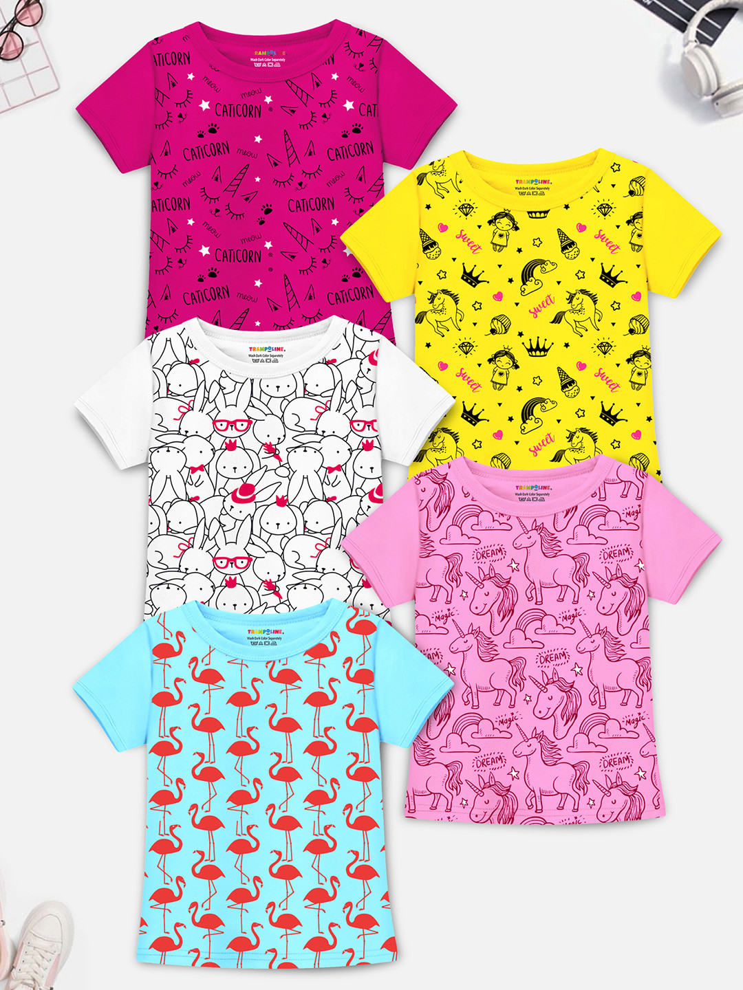 YK X Trampoline Girls Pack Of 5 Conversational Printed Round Neck T-shirts