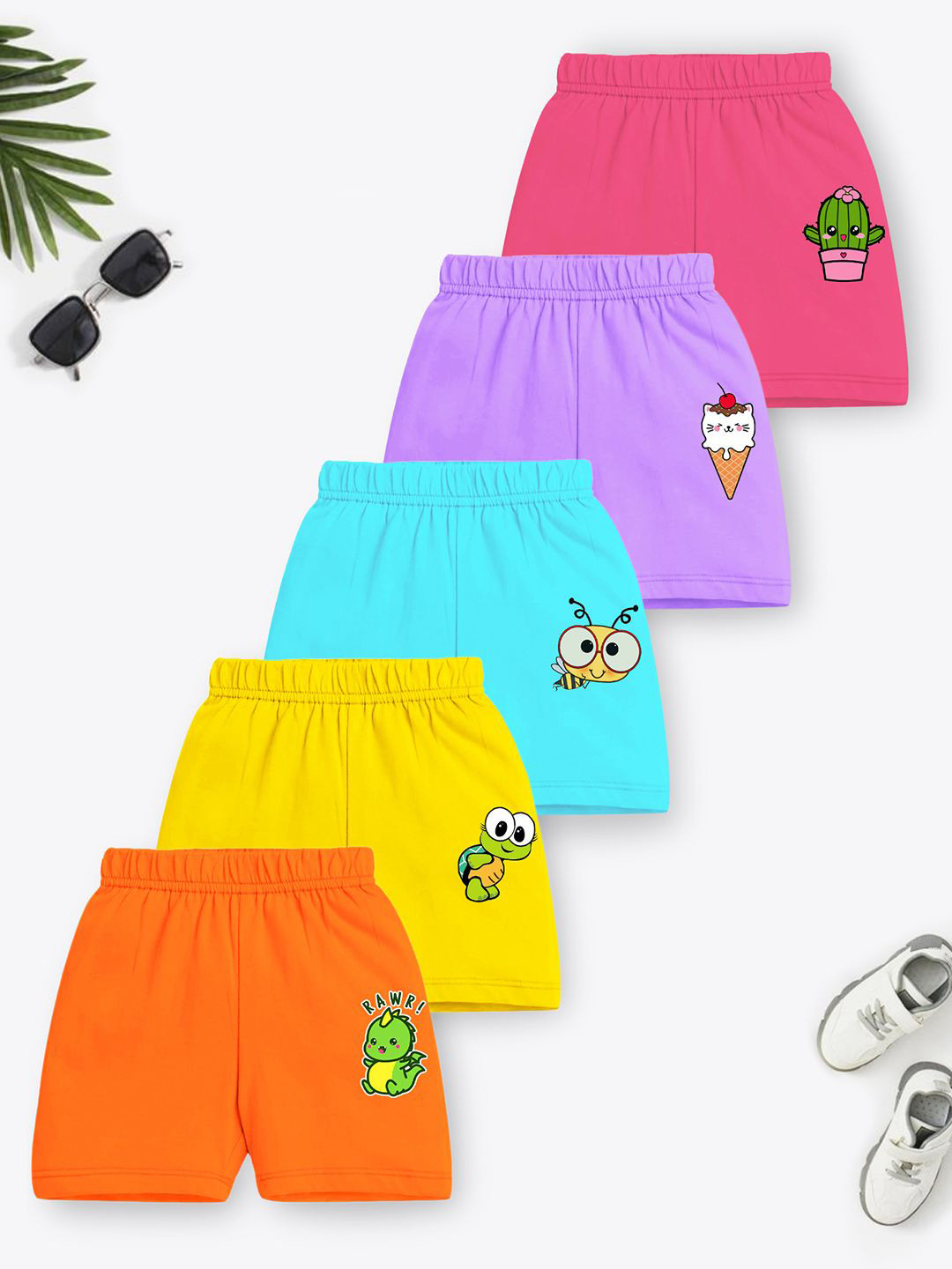 YK X Trampoline Girls Pack of 5 Graphic Printed Mid-Rise Cotton Shorts