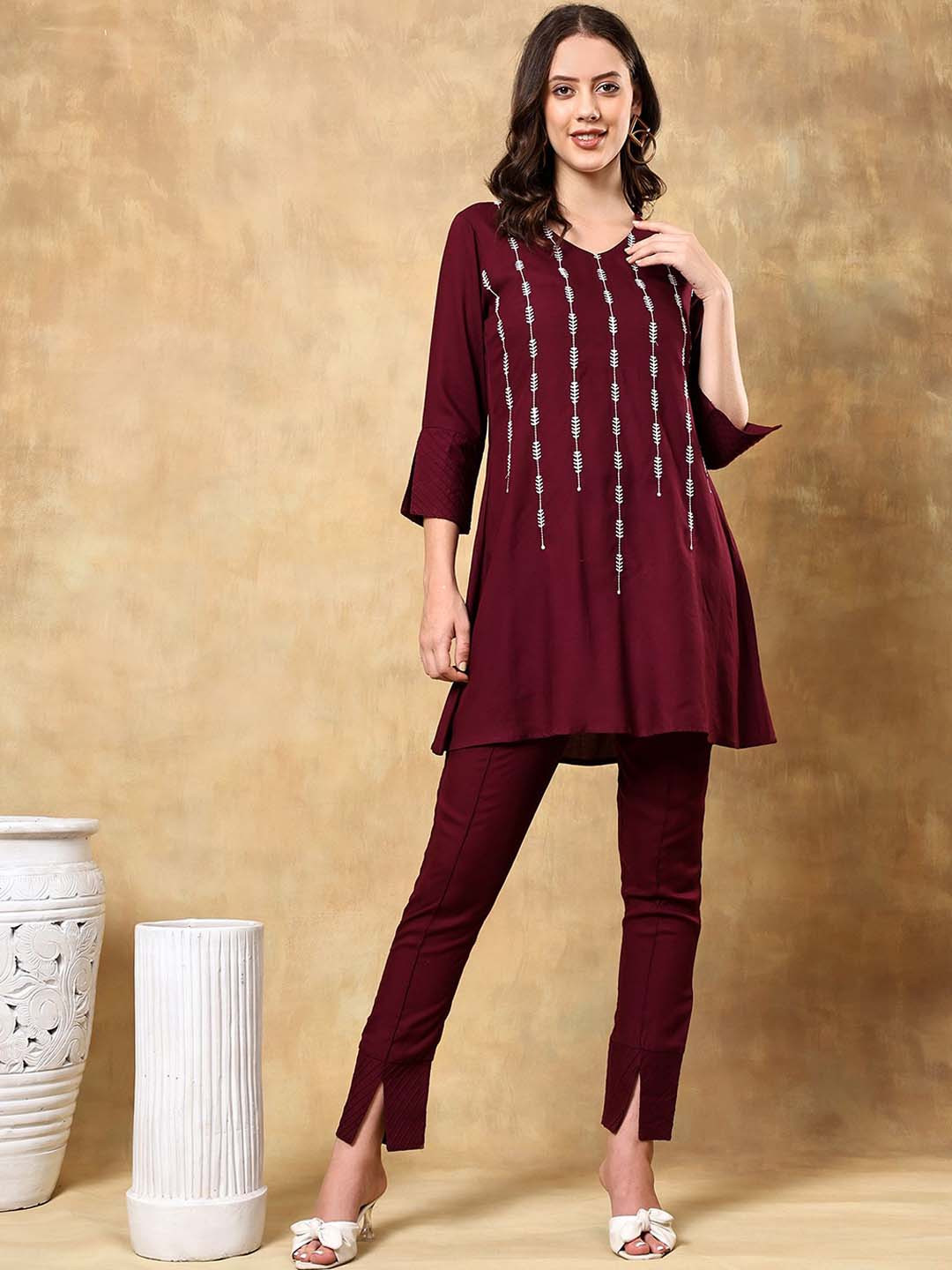 ANGITA Floral Embroidered V-Neck Thread Work Straight Kurta with Trousers