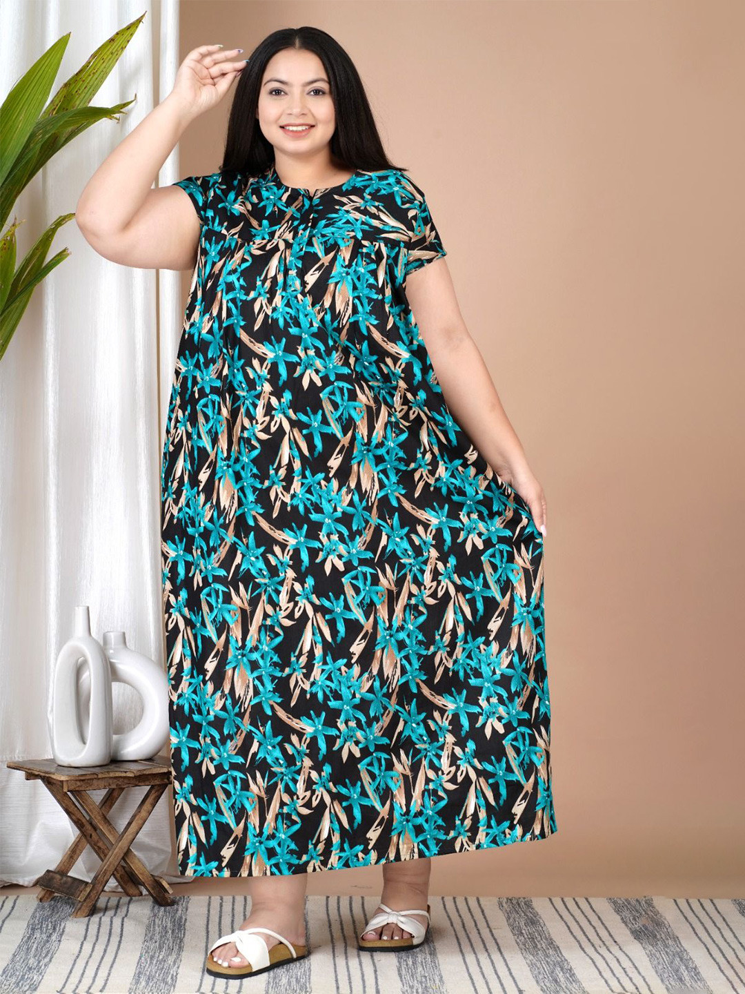 SP DESIGNS Round Neck Floral Printed Pure Cotton Maxi Nightdress