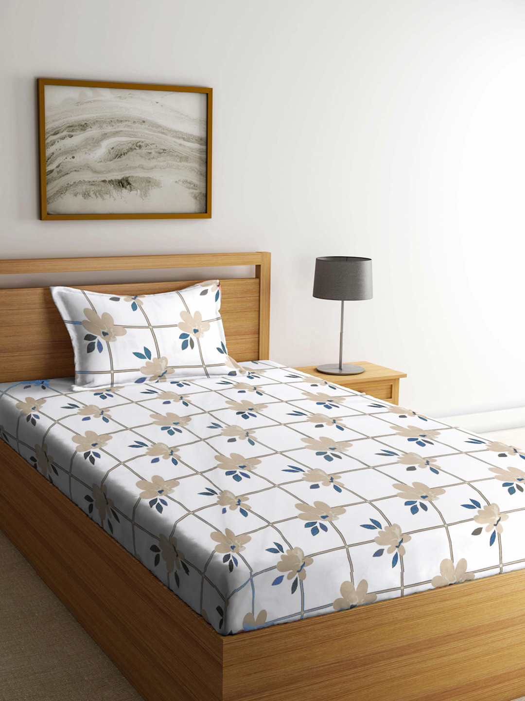 FABINALIV White Floral Polycotton 300 TC Single Fine Bedsheet with a Pillow Cover-89 x 59 inches