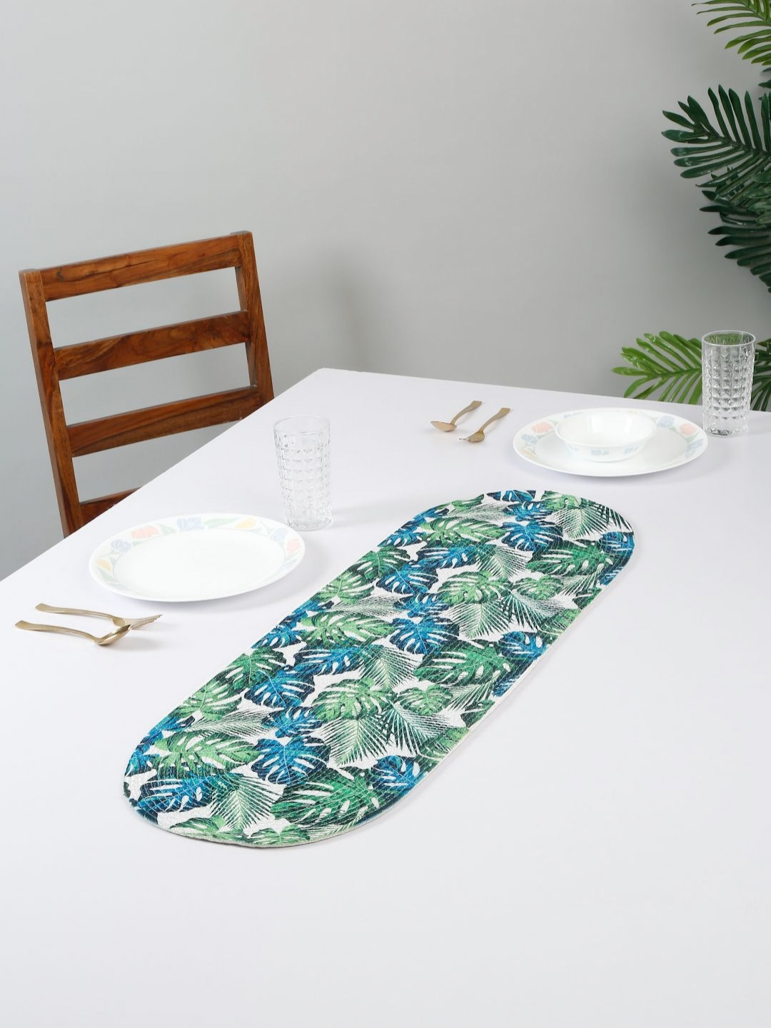 HOSTA HOMES Blue & Green Floral Printed Pure Cotton Table Runner