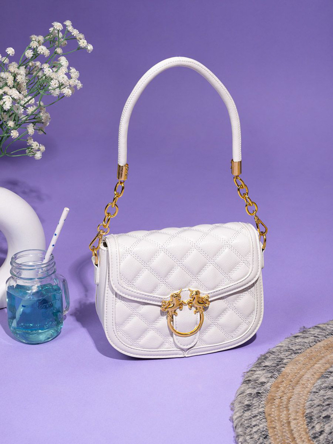 Styli Women White Diamond Quilted Shoulder Bag