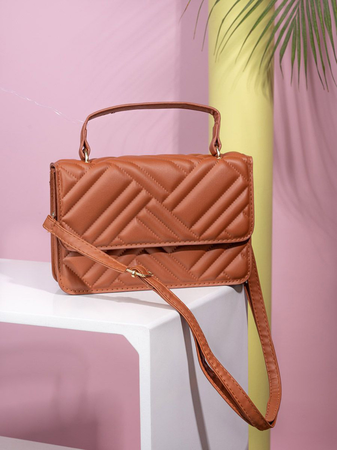 Styli Women Brown Debossed Texture Flap Satchel Bag With Quilted Details