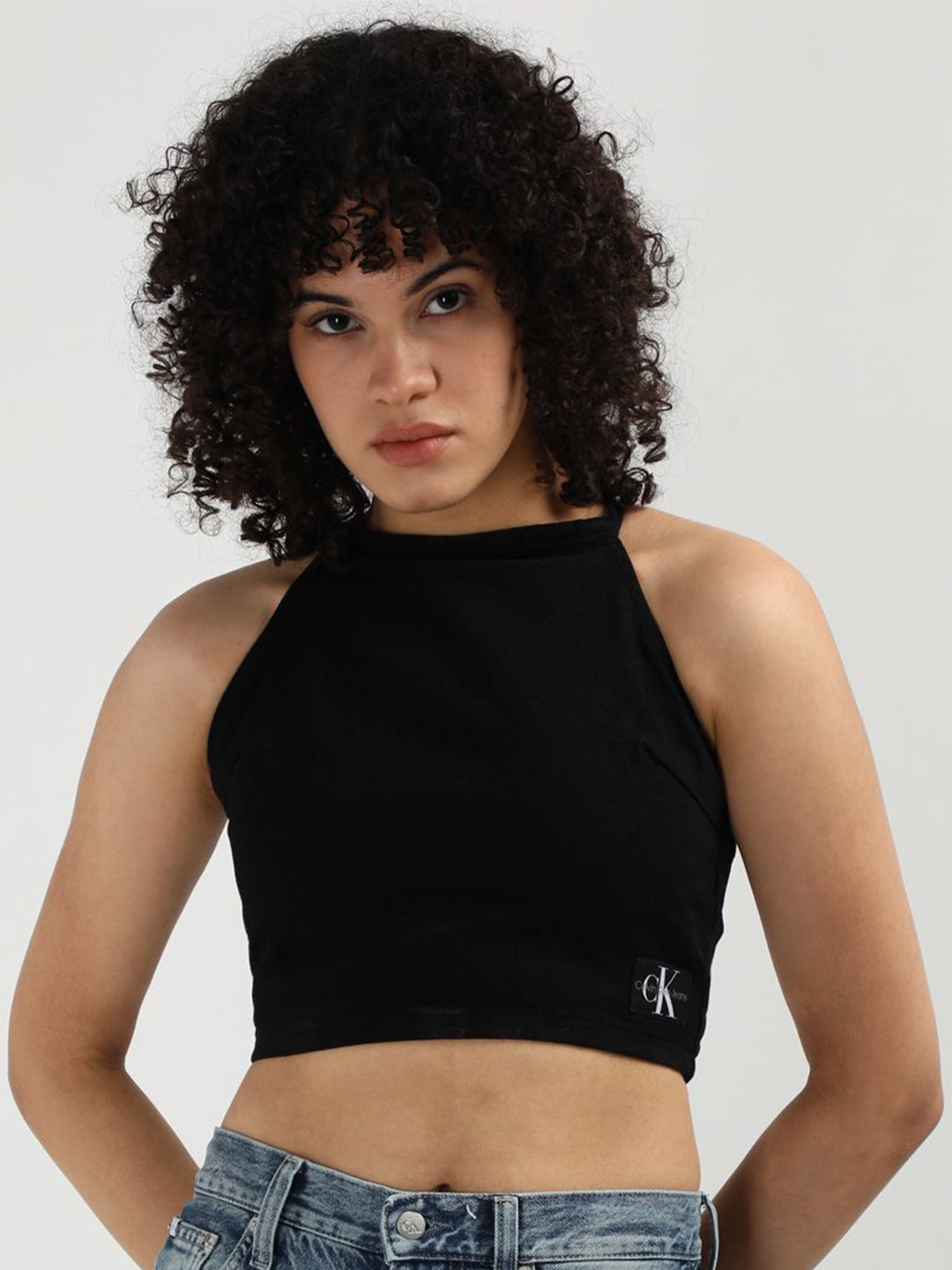 Calvin Klein Jeans Solid Styled Back Cotton Slim Fit Crop Top