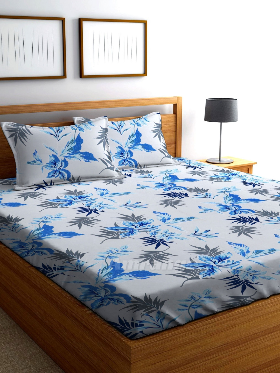 AMRANGE Blue Floral Microfiber Breathable 250 TC King Fine Bedsheet with 2 Pillow Covers-35 x 39 inches
