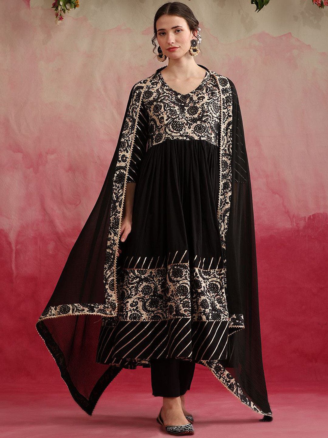 Khushal K Floral Yoke Design V-Neck Anarkali Kurta with Palazzos & Dupatta