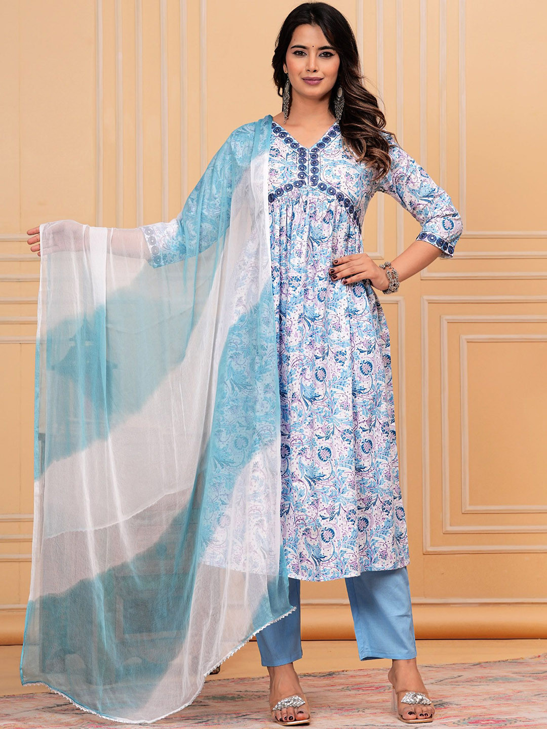 Light Daisy Floral Printed Mirror Work Pure Cotton A-Line Kurta with Trousers &Dupatta