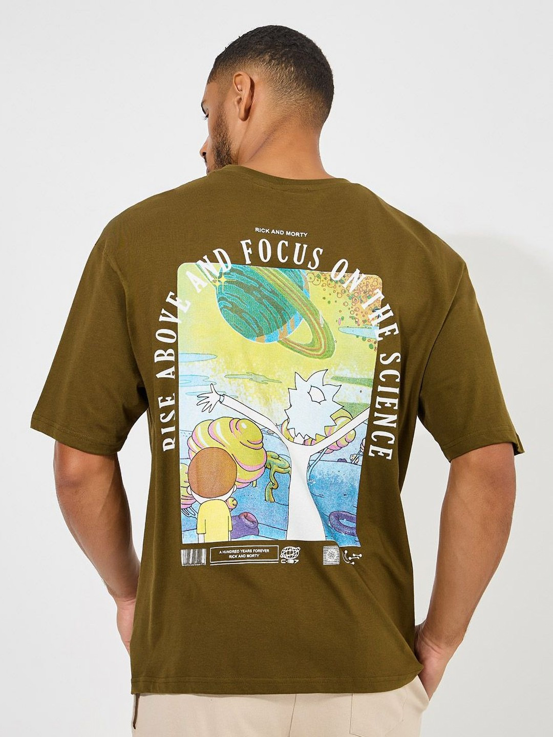 Styli Men Rick & Morty Graphic Printed Round Neck Oversized Pure Cotton T-shirt