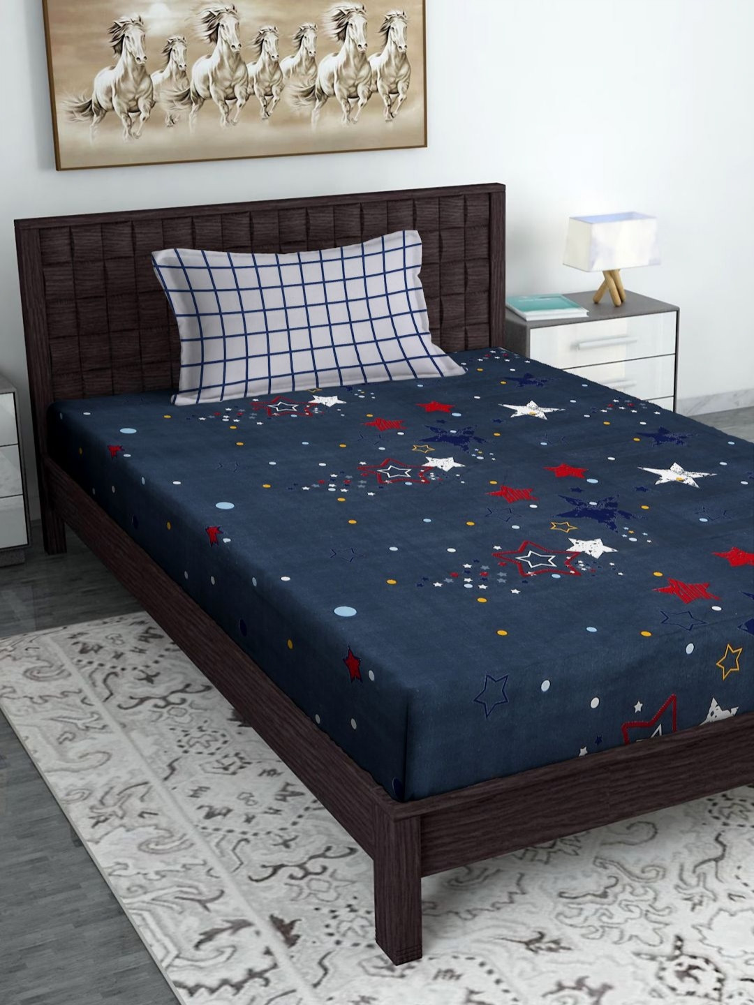 HOSTA HOMES Blue Conversational Polycotton 280 TC Single Fine Bedsheet with a Pillow Cover-61 x 90 inches
