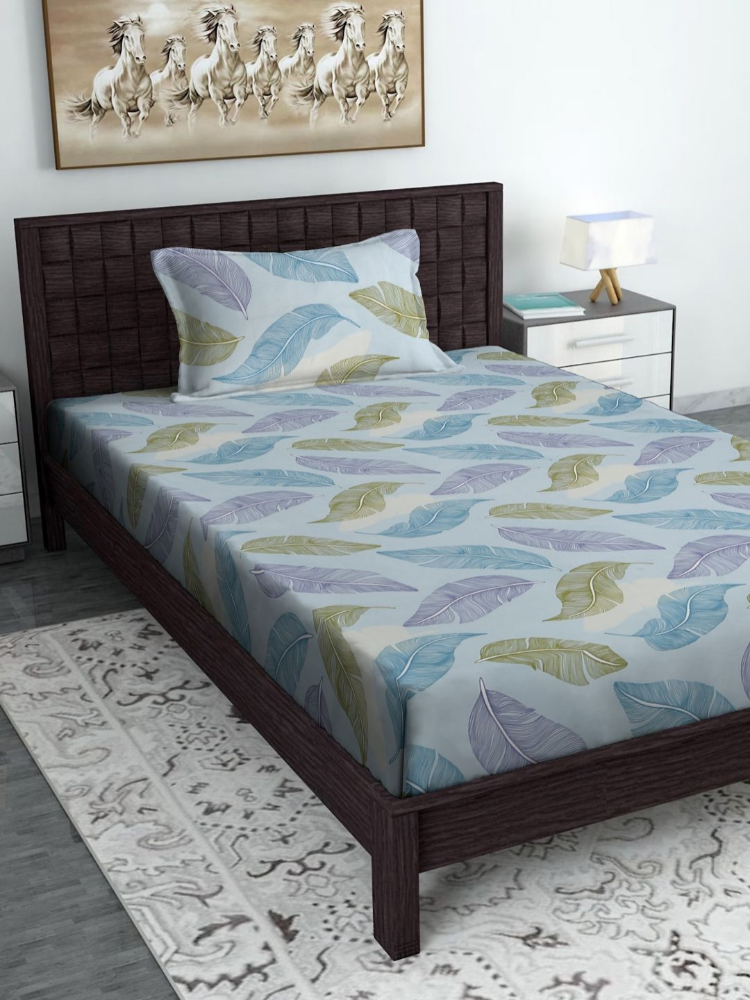 HOSTA HOMES Blue Leaf Polycotton 280 TC Single Fine Bedsheet with a Pillow Cover-154 x 228 cm