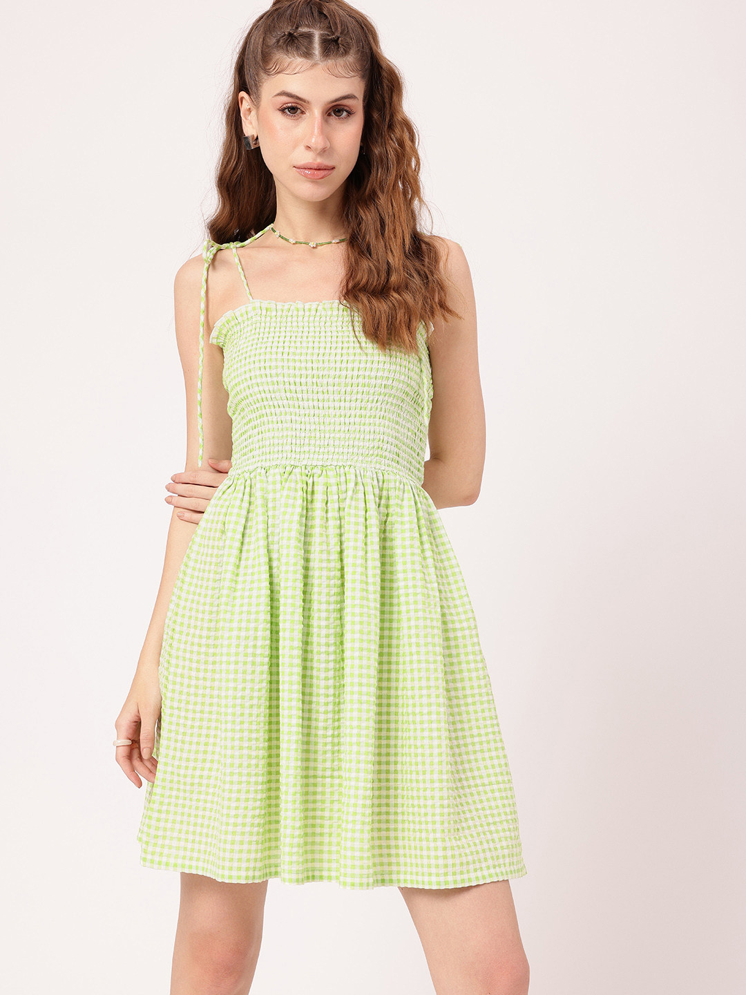 DressBerry  Smocked Tie-Up Straps Seersucker Checked A-line Dress