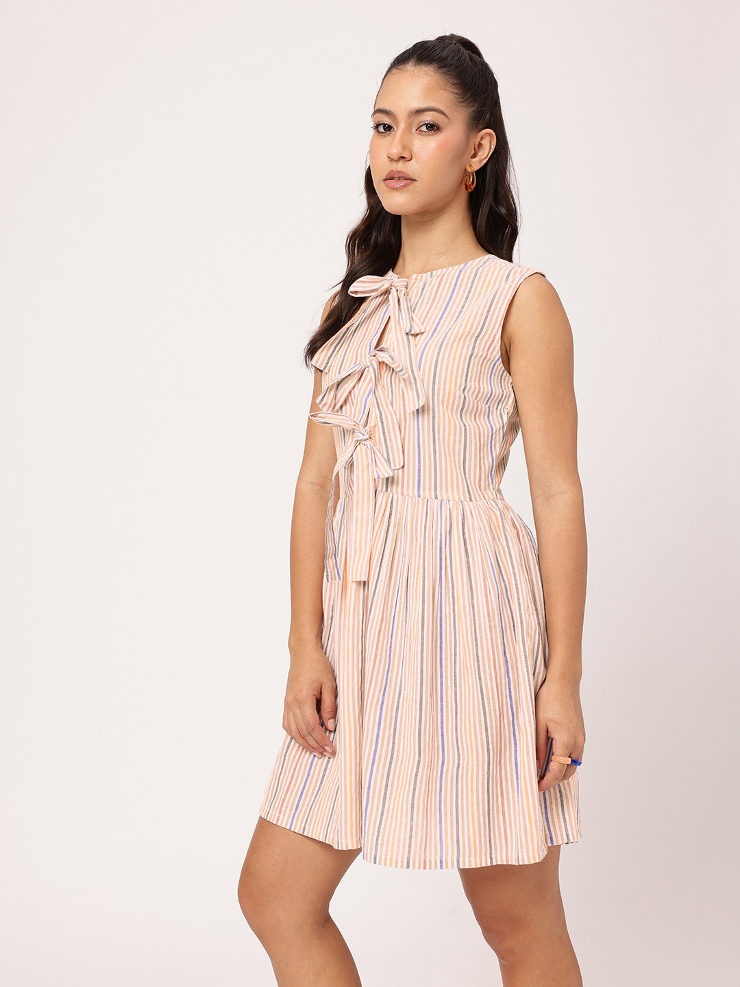 DressBerry Multi Striped Tie-Up Knee Length Dress