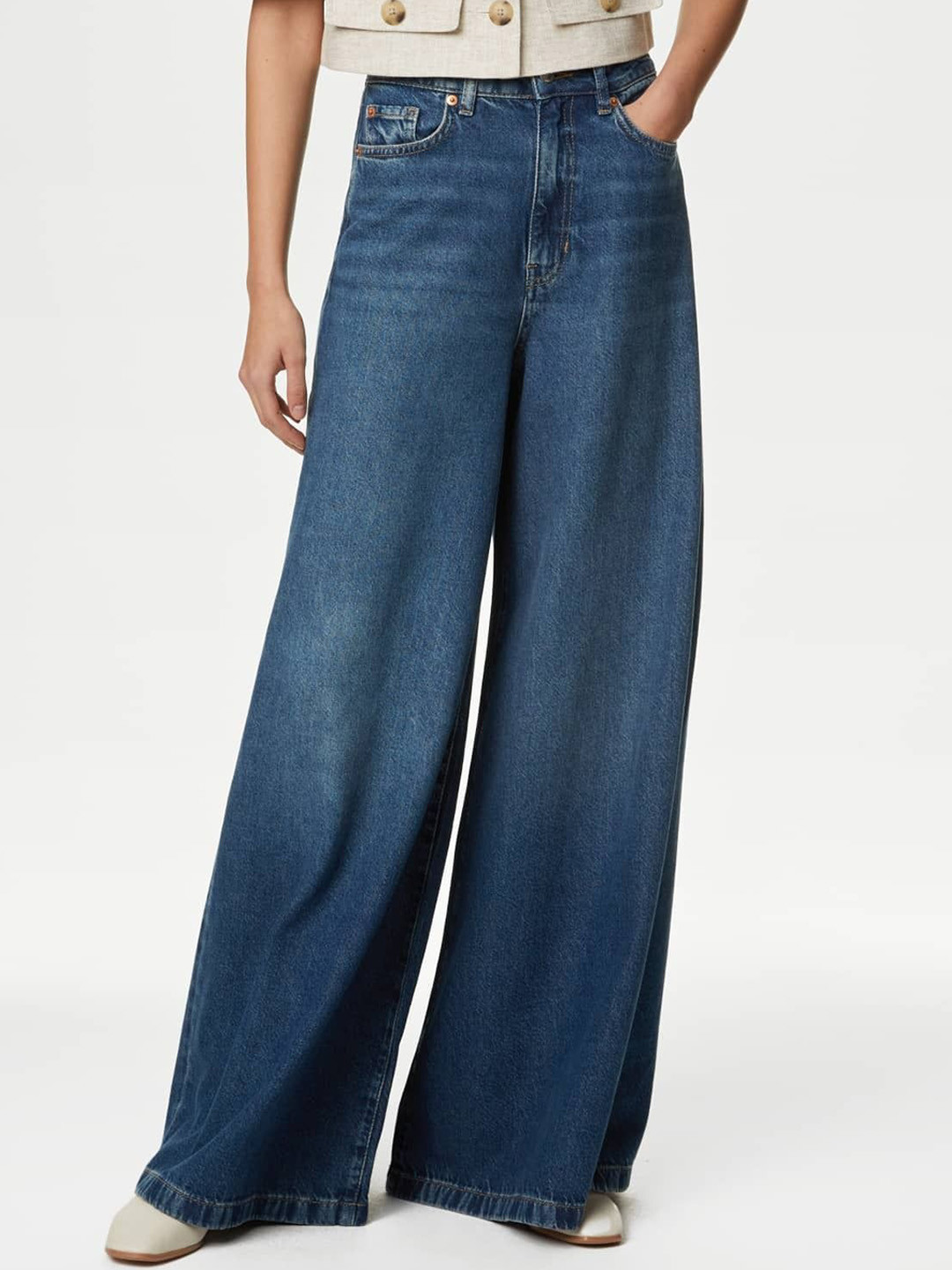 Marks & Spencer Women Wide Leg Clean Look High-Rise Light Fade Whiskers and Chevrons Jeans