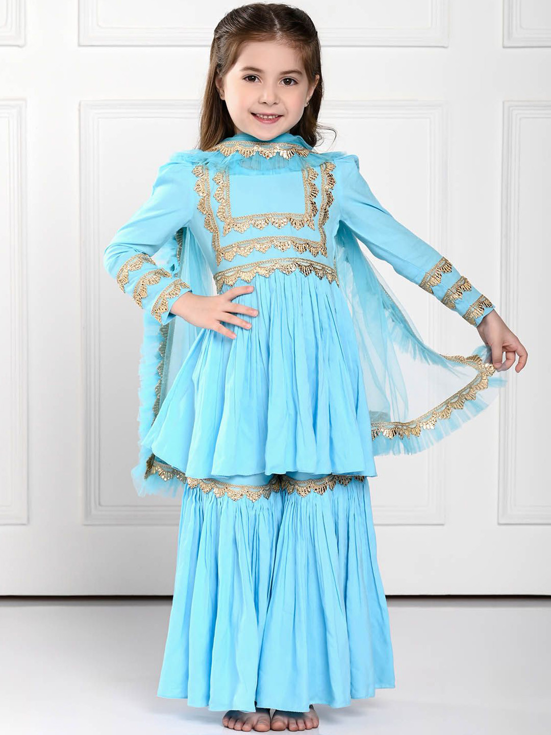 THE PONY & PEONY CO. Girls Gotta Patti Anarkali Kurta With Sharara & Dupatta
