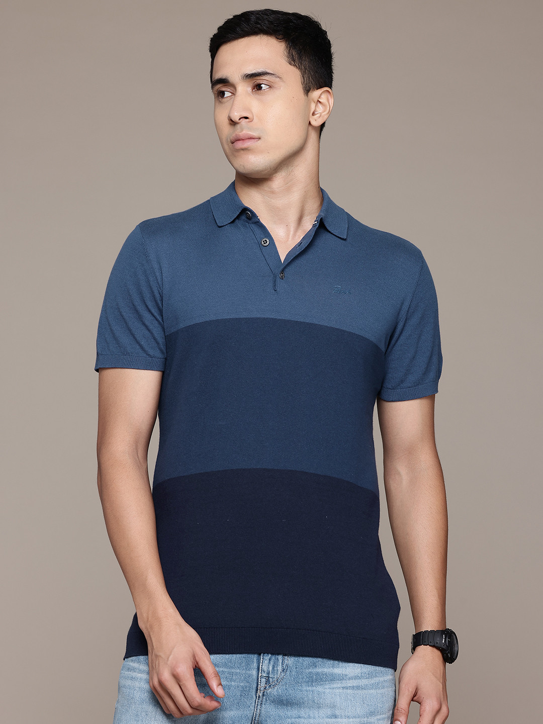 Petrol Colourblocked Polo Collar Pure Cotton T-shirt